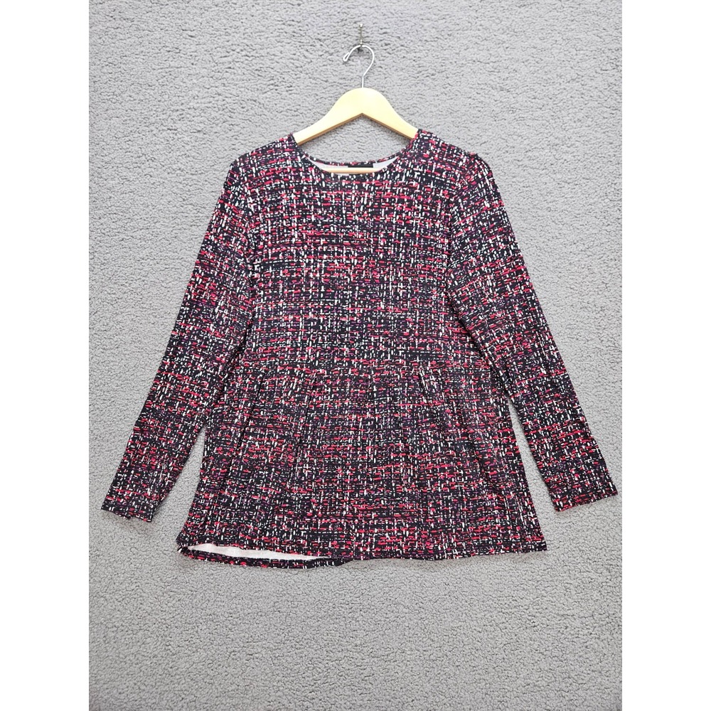 J. Jill Wearever Tunic Top Medium Red Black Tweed Print Stretch Long Sleeve Crew